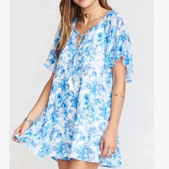 Show Me Your Mumu Juana Tassel Tunic Mini Dress Mother Blues Floral Size Small - Picture 1 of 9